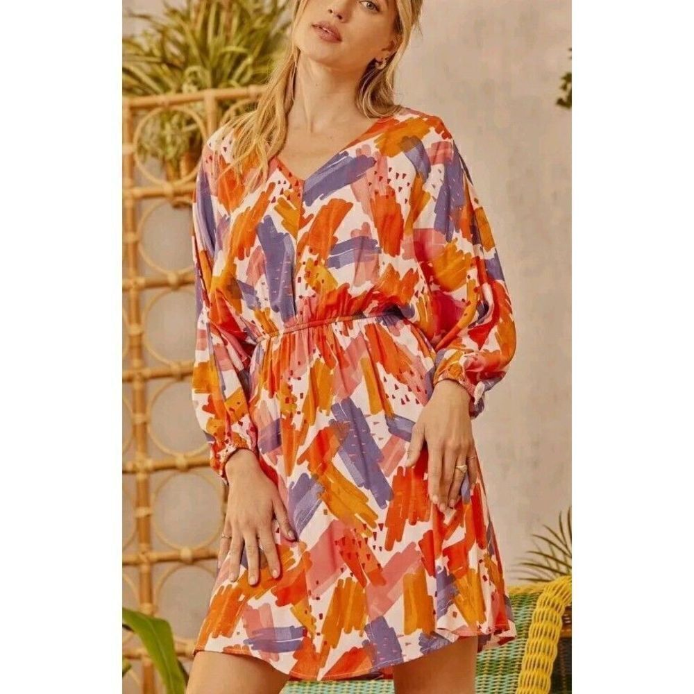 Emily Wonder The Kathleen Dress Watercolor Print Half Dolman Sleeve Women's Sz M